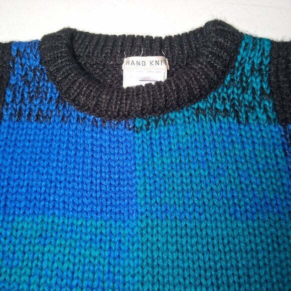 Vintage Extra Touch Hand Knit Sweater Women Size 40 Blue Black Plaid Striped - Picture 12 of 14